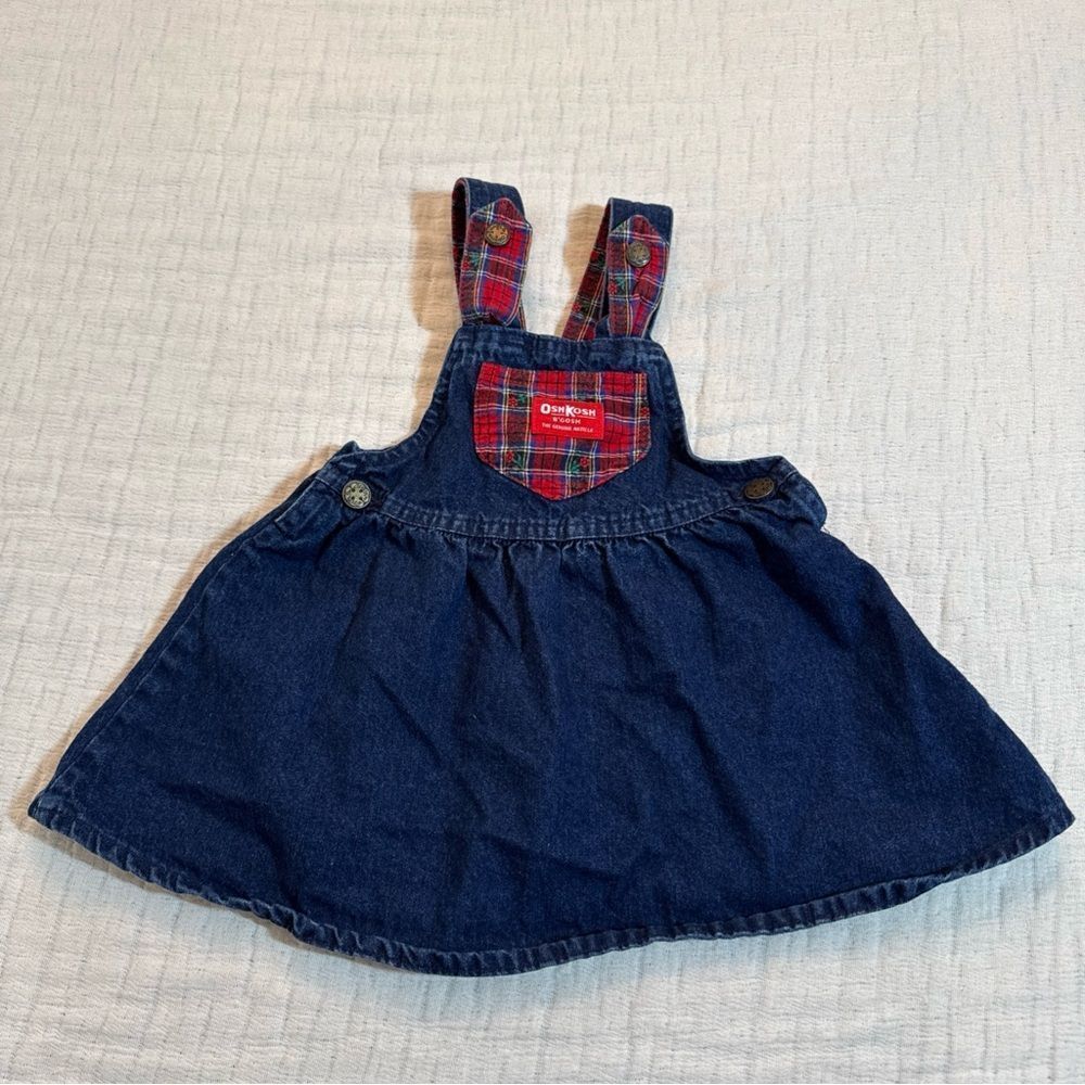 Vintage OshKosh B’Gosh Girl’s Blue Denim Dress Red Check Bow Sz 3T USA